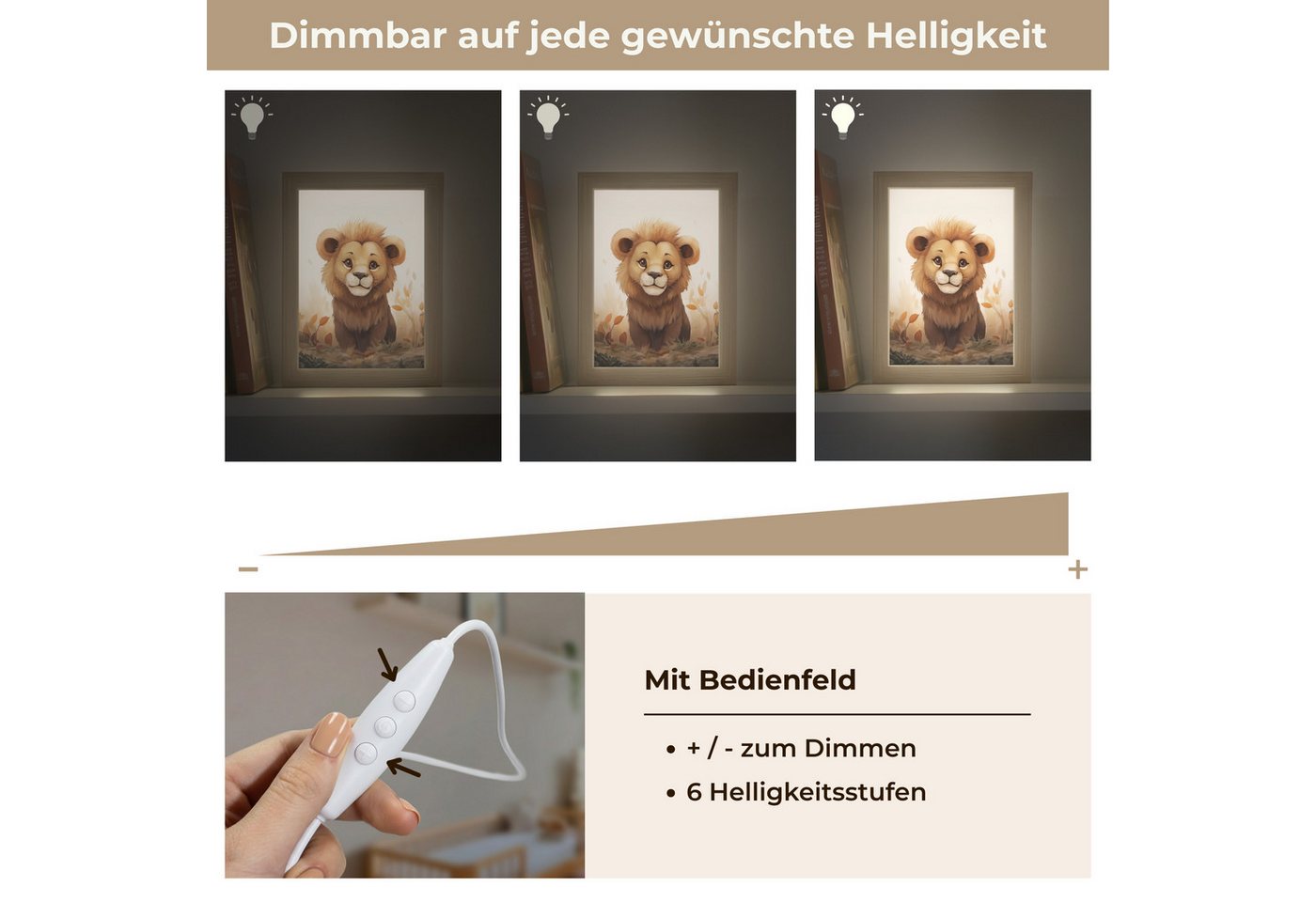 OnlyWow Nachttischlampe Lightbox Löwe - Tiere - Kinder - Braun - Mädchen, Dimmbar, Farbwechsel, LED, Warmweiß, Kaltweiß, Neutralweiß Einstellbar, Kinderzimmer,  – Bild 5 von 5