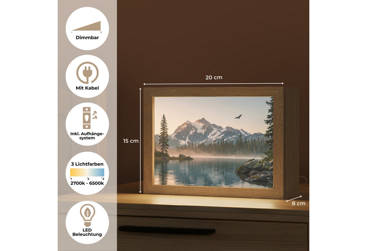 OnlyWow Tischleuchte Lightbox Berge - Wasser - Bäume, Dimmbar, Farbwechsel, LED, Warmweiß, Kaltweiß, Neutralweiß Einstellbar, Tischlampe, Schreibtischlampe, Des – Bild 4 von 5