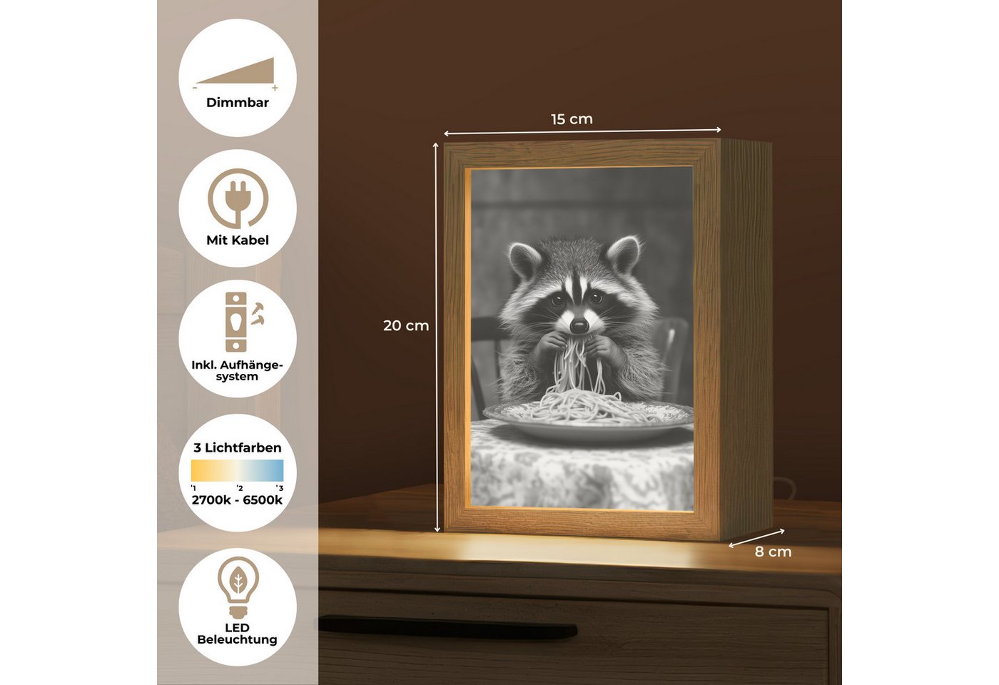 OnlyWow Tischleuchte Lightbox Waschbär - Niedlich - Pasta - Tischtuch - Schwarz - Weiß, Dimmbar, Farbwechsel, LED, Warmweiß, Kaltweiß, Neutralweiß Einstellbar,  – Bild 4 von 5