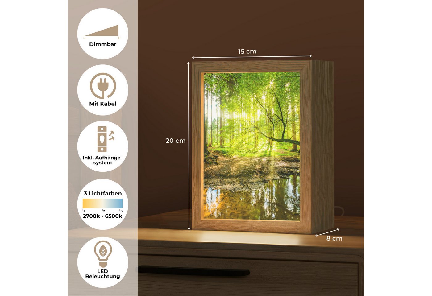 OnlyWow Tischleuchte Wald - Landschaft - Wasser - Bäume - Sonne - Grün - Natur, Dimmbar, Farbwechsel, LED, Warmweiß, Kaltweiß, Neutralweiß Einstellbar, Tischlam – Bild 4 von 5
