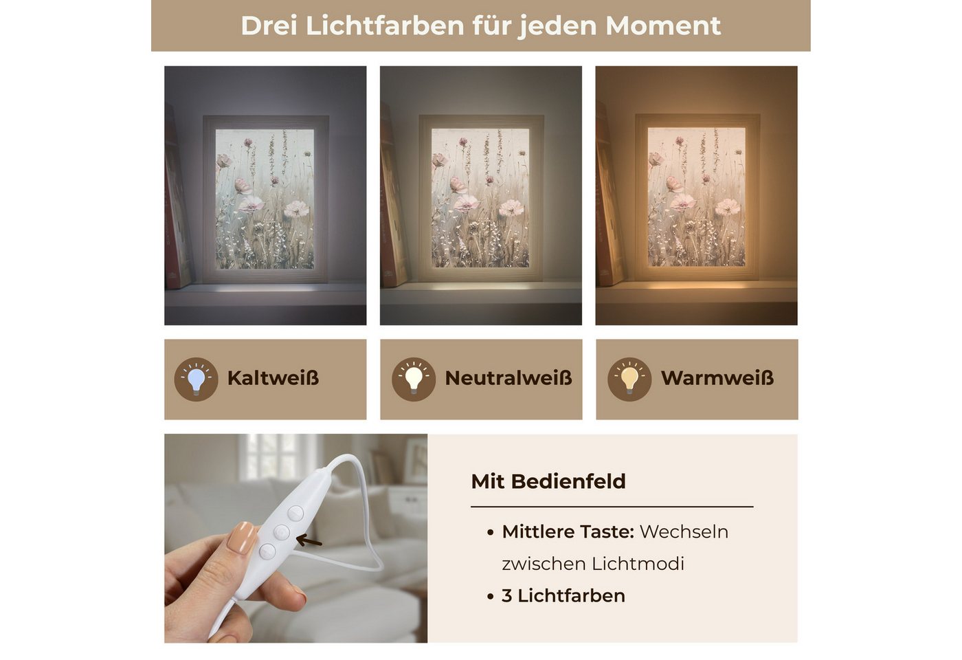 OnlyWow Wandleuchte Lightbox Blumen - Rosa - Modern - Beige, Dimmbar, Farbwechsel, LED, Warmweiß, Kaltweiß, Neutralweiß Einstellbar, Wandlampe Innen, Dimmbar, m – Bild 5 von 5