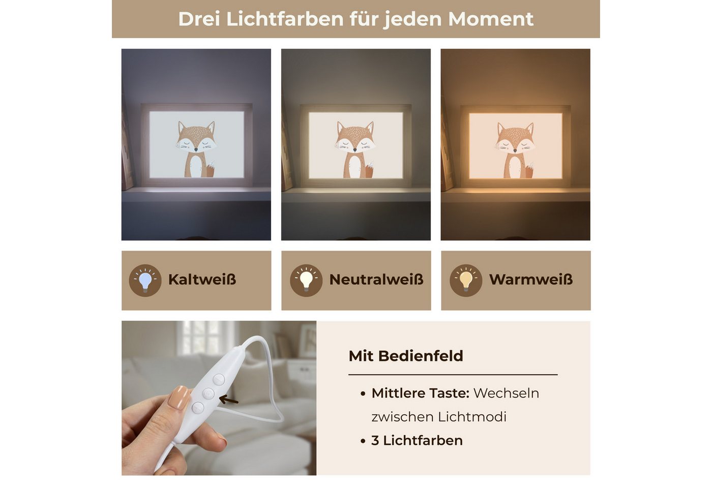 OnlyWow Wandleuchte Lightbox Fuchs - Tier - Waldtiere - Mädchen, Dimmbar, Farbwechsel, LED, Warmweiß, Kaltweiß, Neutralweiß Einstellbar, Wandlampe Innen, Dimmba – Bild 5 von 5