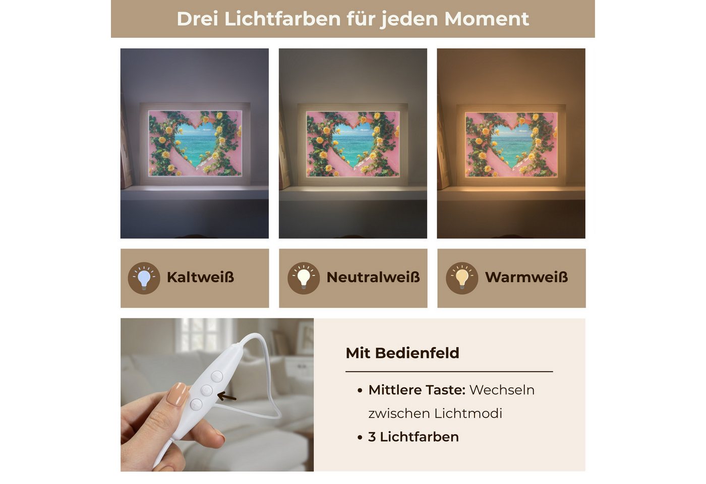 OnlyWow Wandleuchte Lightbox Herz - Meer - Wand, Dimmbar, Farbwechsel, LED, Warmweiß, Kaltweiß, Neutralweiß Einstellbar, Wandlampe Innen, Dimmbar, mit Kabel, LE – Bild 5 von 5