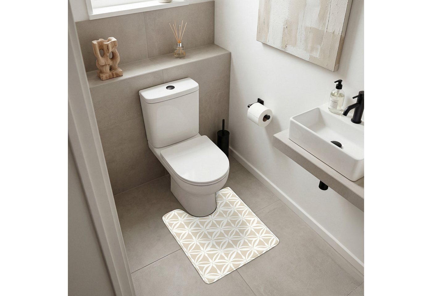 OnlyWow WC-Vorleger Motiv - Modern - Beige, Höhe 10 mm, Polyester, U-Form, Vorleger mit Ausschnitt, Toilettenvorleger, Toilettenteppich – Bild 2 von 5