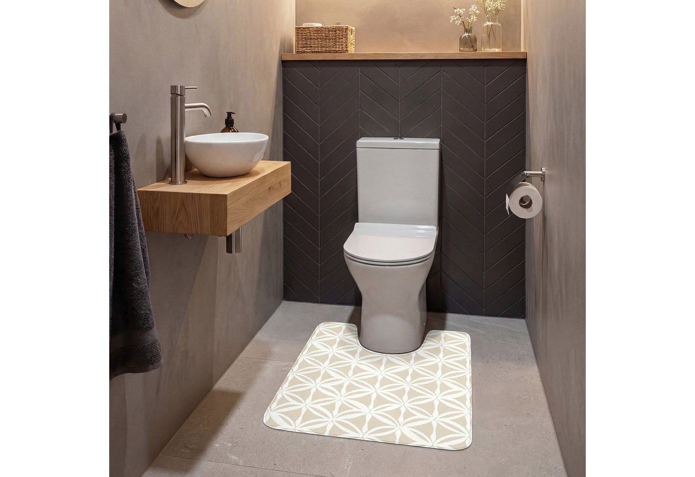 OnlyWow WC-Vorleger Motiv - Modern - Beige, Höhe 10 mm, Polyester, U-Form, Vorleger mit Ausschnitt, Toilettenvorleger, Toilettenteppich – Bild 4 von 5