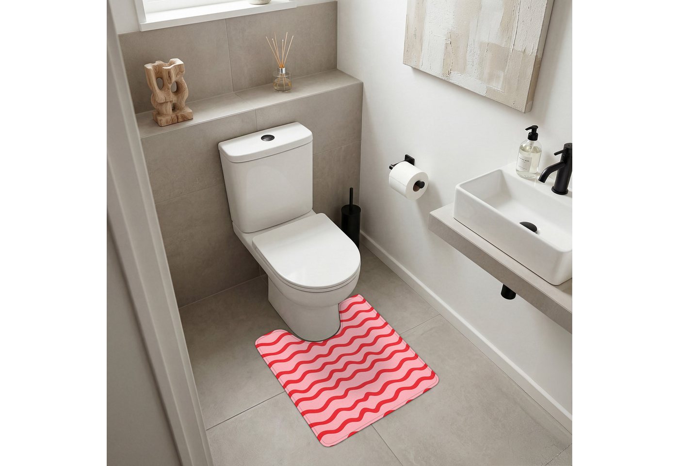OnlyWow WC-Vorleger Verspielt - Muster - Rot, Höhe 10 mm, Polyester, U-Form, Vorleger mit Ausschnitt, Toilettenvorleger, Toilettenteppich – Bild 2 von 5
