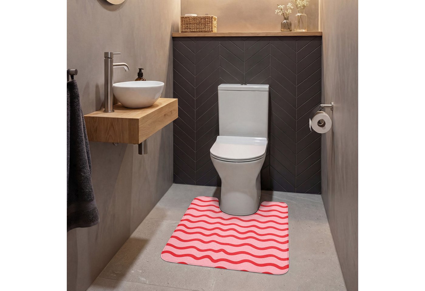 OnlyWow WC-Vorleger Verspielt - Muster - Rot, Höhe 10 mm, Polyester, U-Form, Vorleger mit Ausschnitt, Toilettenvorleger, Toilettenteppich – Bild 4 von 5