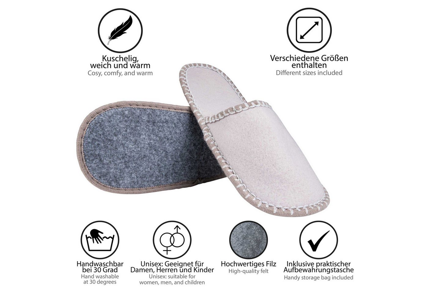 ONVAYA Gästepantoffel 5er Set grau, Filz Pantoffel, Hausschuhe Hausschuh – Bild 3 von 5