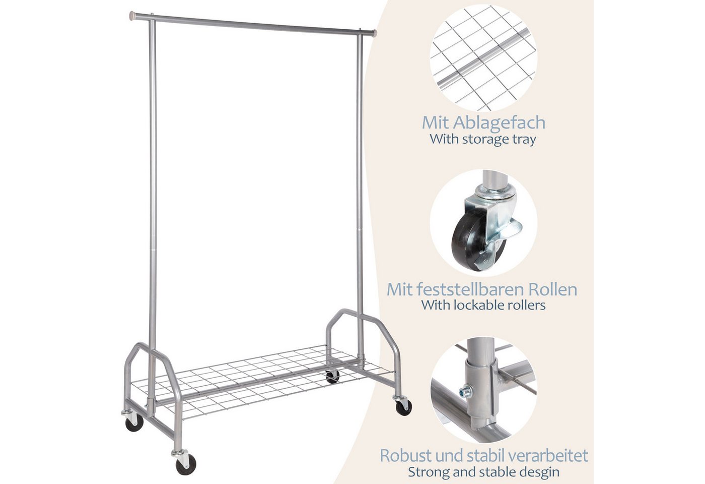 ONVAYA Kleiderständer Kleiderständer mit Abdeckung, hohe Traglast 100kg, Rollen und Ablage – Bild 4 von 5