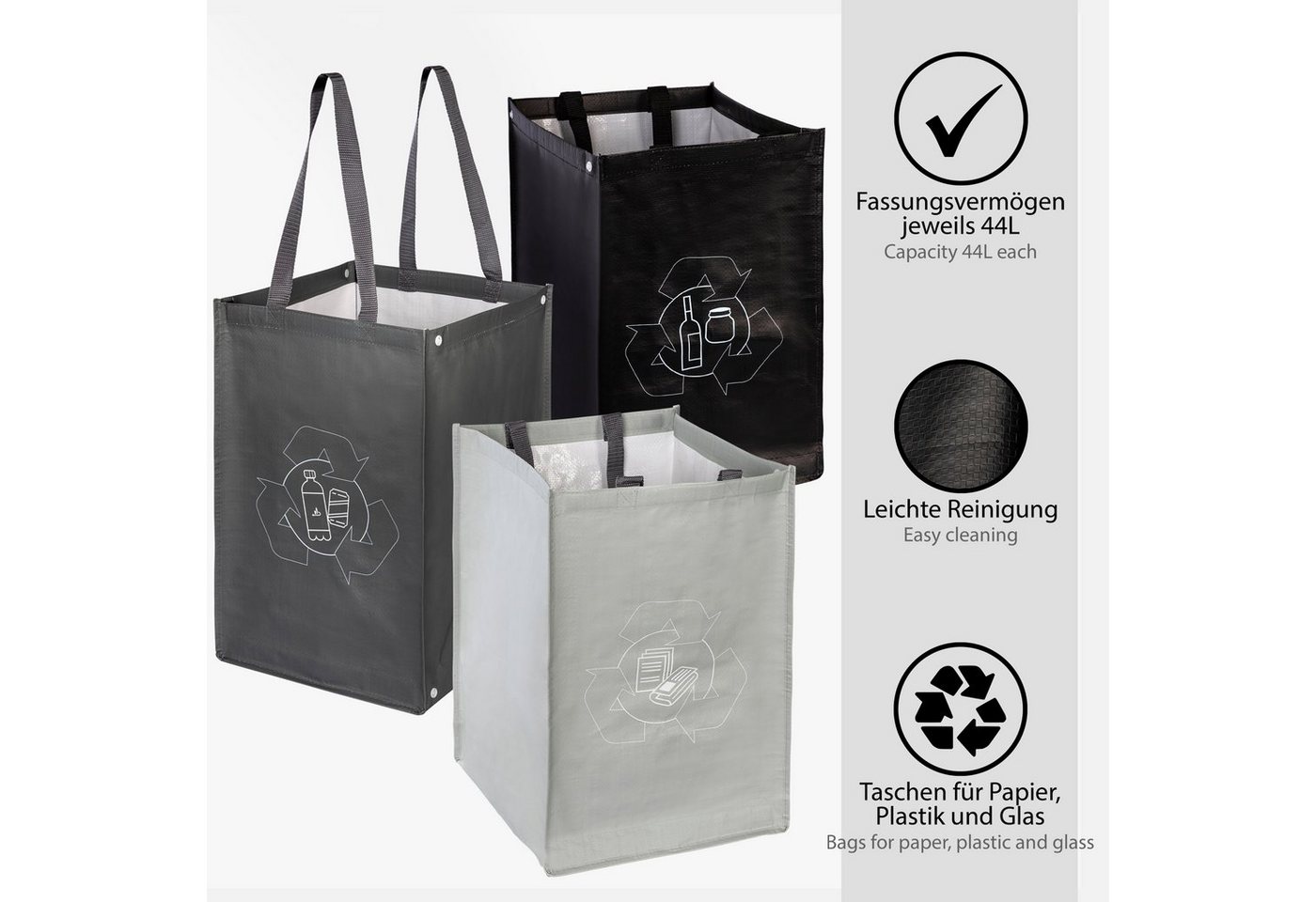 ONVAYA Mülltrennsystem 3fach, Abfalltrennsystem aus Taschen, Papier, Plastik und Glas – Bild 3 von 5