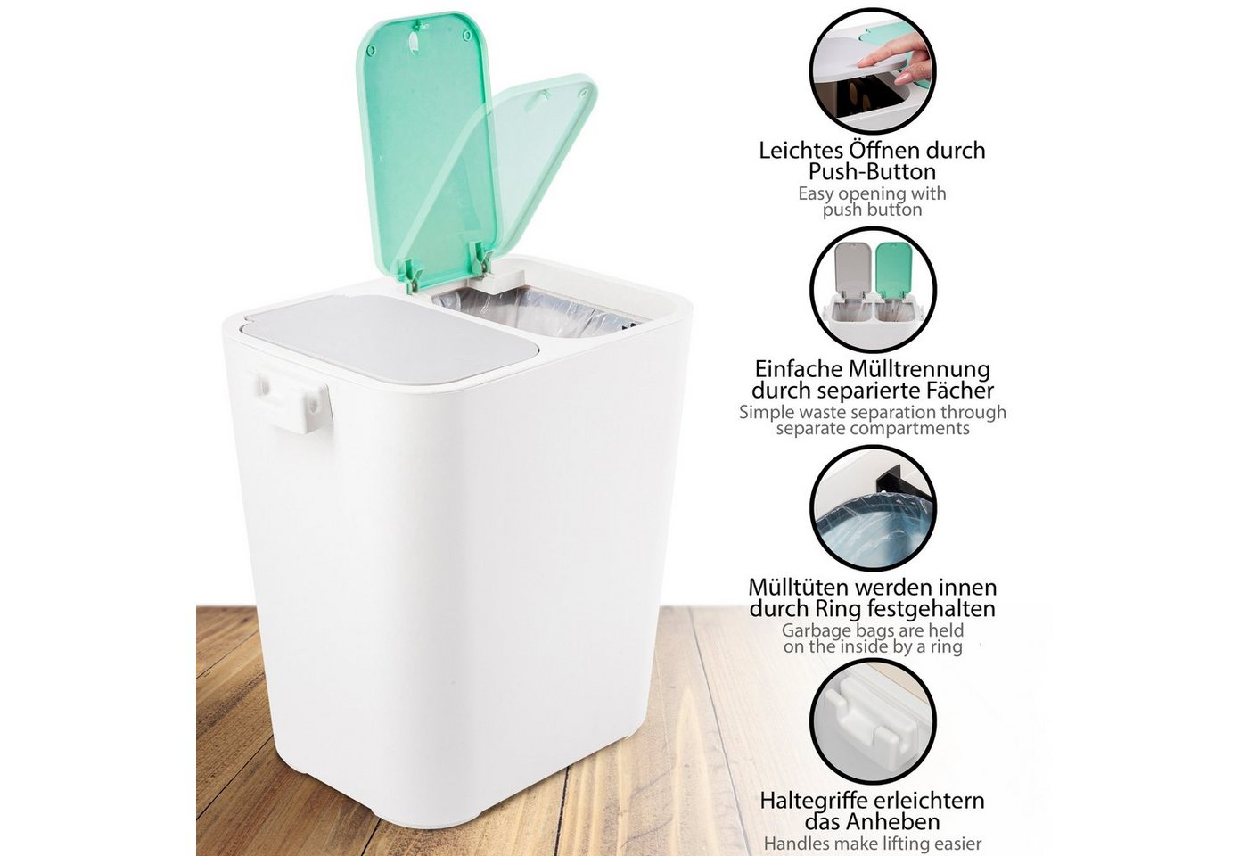 ONVAYA Mülltrennsystem Abfalleimer Tom, Mülltrennung mit mehreren Fächern, Mülleimer Küche – Bild 3 von 5