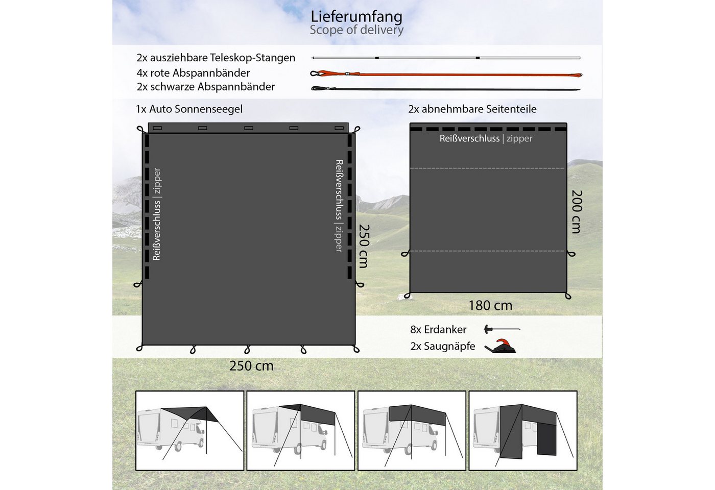 ONVAYA Sonnensegel Auto-Sonnensegel, Schutz vor Wind, Regen, Sonne, 6 Aufbauvarianten – Bild 2 von 5