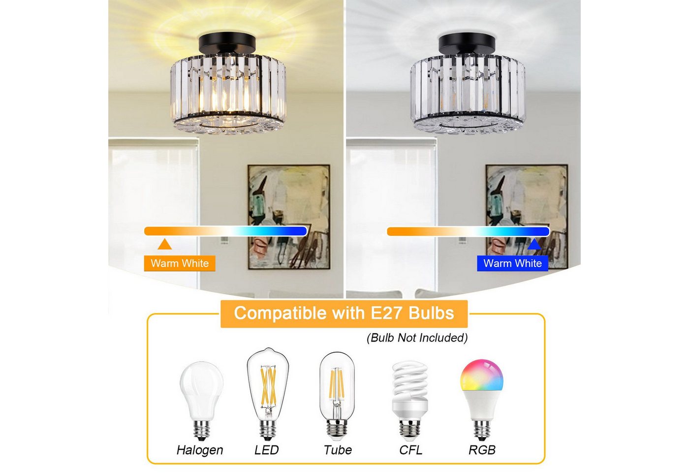 Ophy Deckenleuchte Moderne Kristall-Deckenleuchte mit Glaslampenschirm, Pendelleuchte & halbbündige Montage, für Wohnzimmer, Schlafzimmer & Esszimmer – Bild 2 von 5