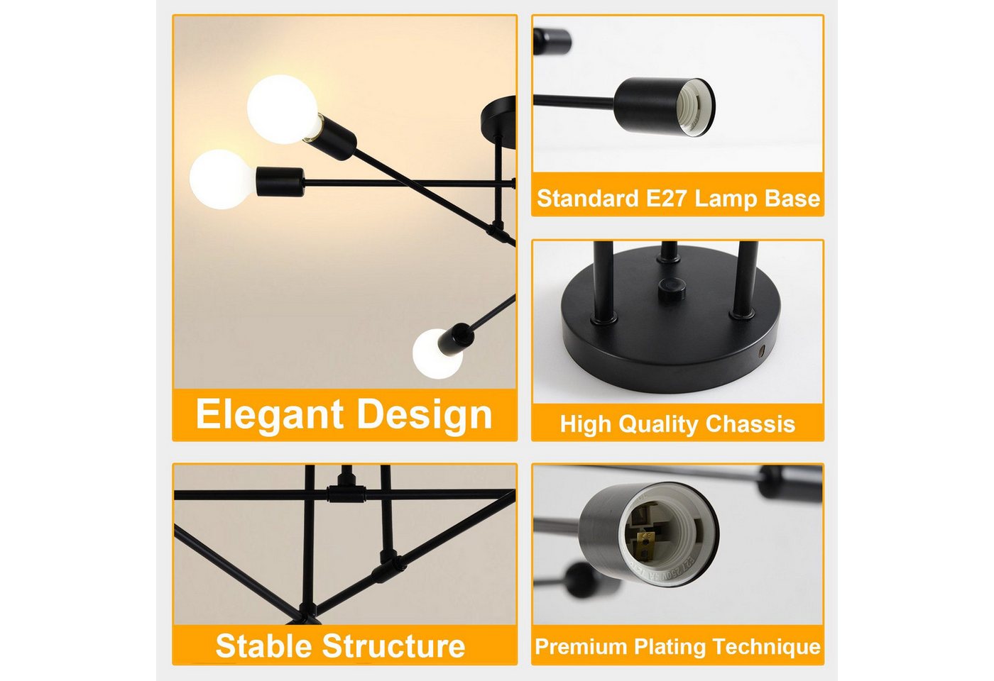 Ophy Kronleuchter Sputnik Kronleuchter, 6‑flammig, Vintage Deckenlampe aus Metall (E27), ohne Leuchtmittel, halbbündige Deckenbeleuchtung, für Esszimmer, Schlaf – Bild 3 von 5