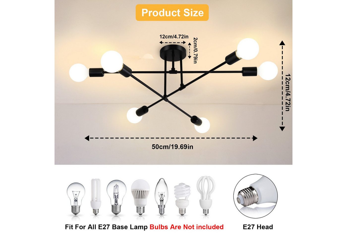 Ophy Kronleuchter Sputnik Kronleuchter, 6‑flammig, Vintage Deckenlampe aus Metall (E27), ohne Leuchtmittel, halbbündige Deckenbeleuchtung, für Esszimmer, Schlaf – Bild 4 von 5