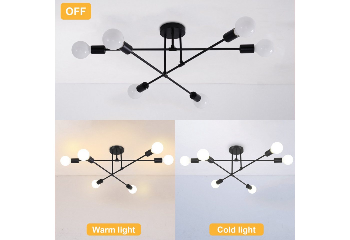 Ophy Kronleuchter Sputnik Kronleuchter, 6‑flammig, Vintage Deckenlampe aus Metall (E27), ohne Leuchtmittel, halbbündige Deckenbeleuchtung, für Esszimmer, Schlaf – Bild 5 von 5
