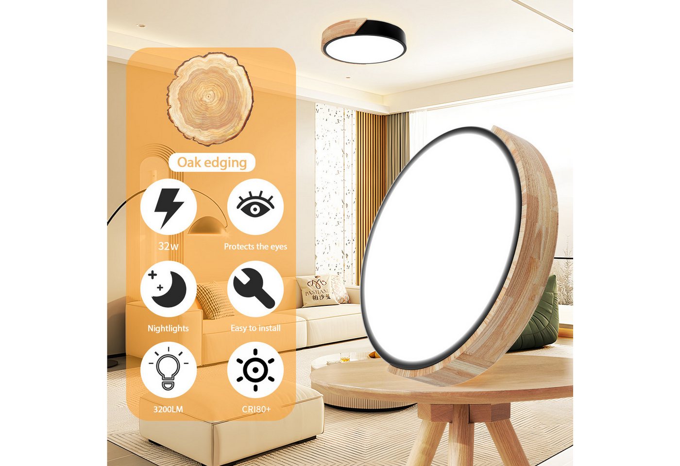 Ophy LED Deckenleuchte Moderne LED Deckenleuchte aus Holz, 32 W, fernsteuerbar, dimmbar (3000–6000 K), 30 cm – für Wohnzimmer & Flur – Bild 4 von 5