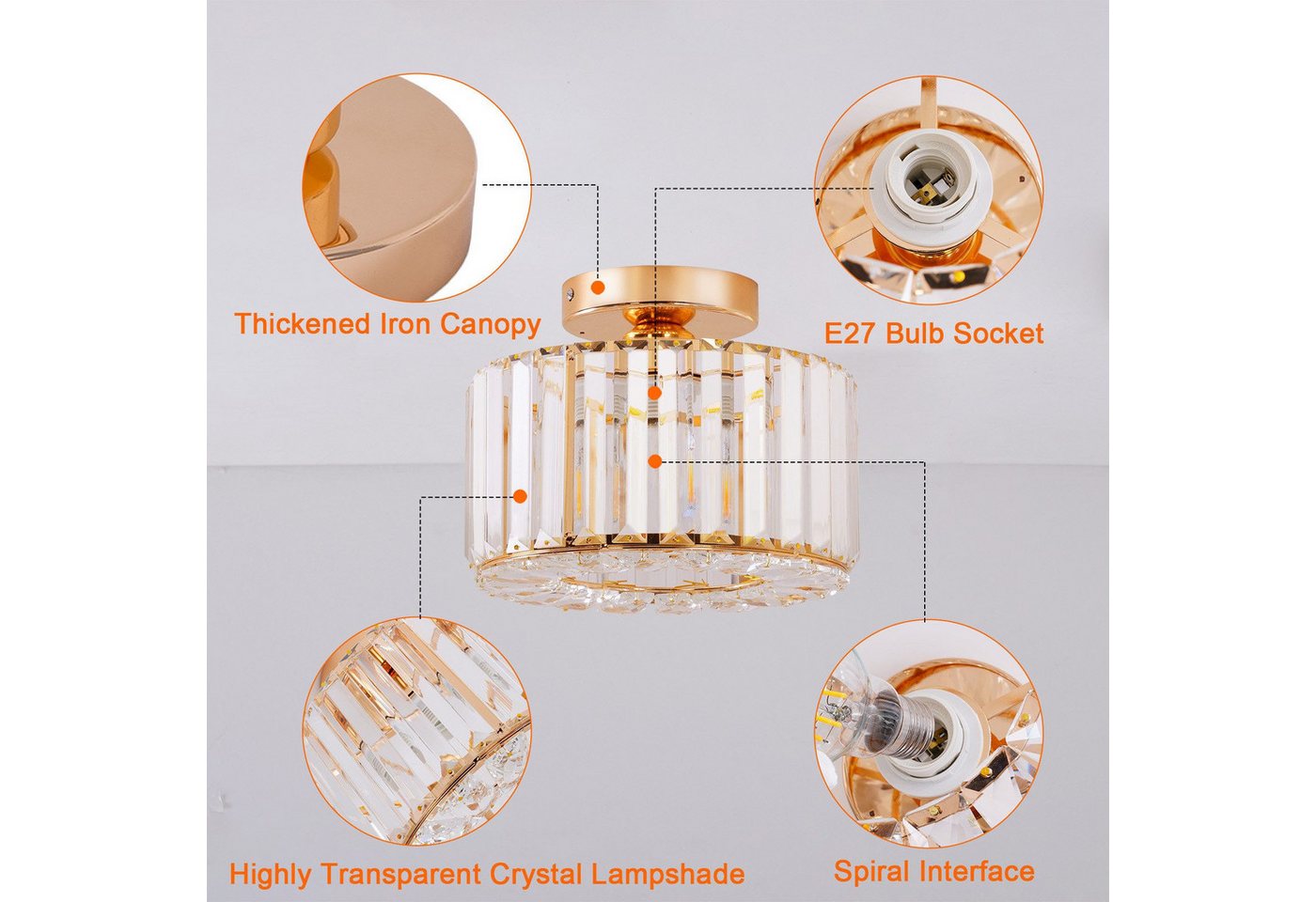 Ophy LED Deckenleuchte Moderner Kristall-Kronleuchter (halbaufgesetzt) mit Glasschirm, E27-Fassung, für Wohnzimmer, Schlafzimmer, Küche, Flur & Bad – Bild 5 von 5