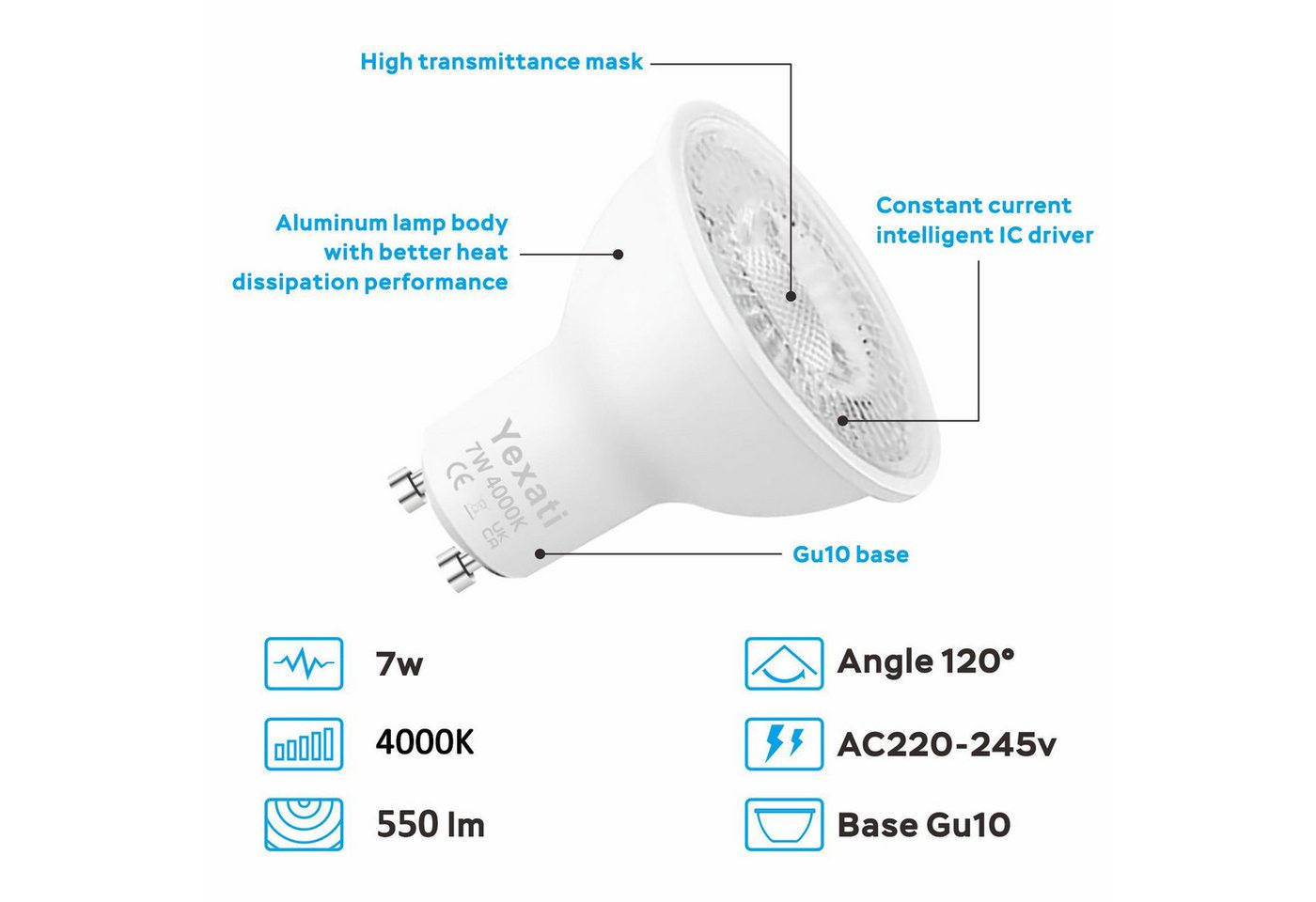 Ophy LED-Leuchtmittel LED Spot GU10, 7 W (Halogenäquivalent 80 W), 550 lm, 4000 K (kaltweiß), 10 St., nicht dimmbar, 120° Abstrahlwinkel, flimmerfrei – 10er-Pac – Bild 4 von 5