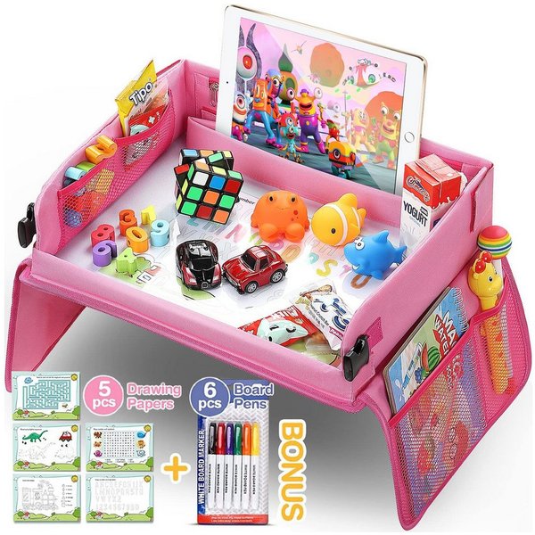 Ophy Spieltisch Kinder Reisetisch mit Zeichenbrett (Rosa), (inkl. 1 Zeichnungsfilm, 5 Papier, 6 Stifte), Lernspielzeug für Zuhause & Reise (Spieltisch)