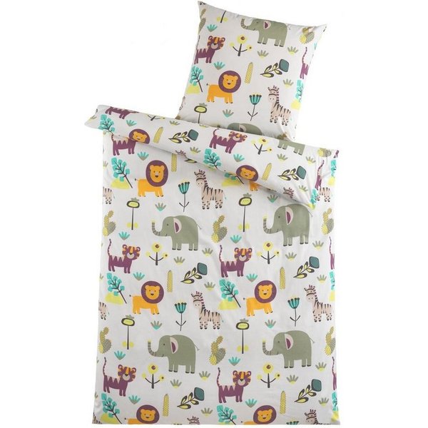 Optidream Kinderbettwäsche Set Mikrofaser 135x200 Polyester Kinder Safari, Mikrofaser, 2 teilig, Reißverschluss Wende Kind Afrika Löwe Elefant Giraffe kuschelig