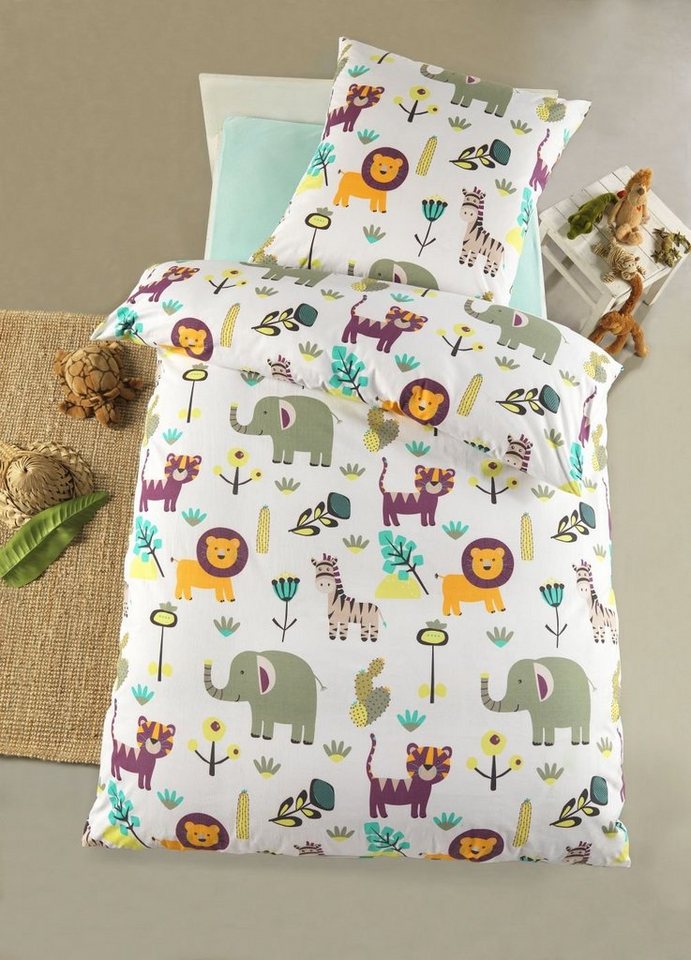 Optidream Kinderbettwäsche Set Mikrofaser 135x200 Polyester Kinder Safari, Mikrofaser, 2 teilig, Reißverschluss Wende Kind Afrika Löwe Elefant Giraffe kuschelig – Bild 2 von 4