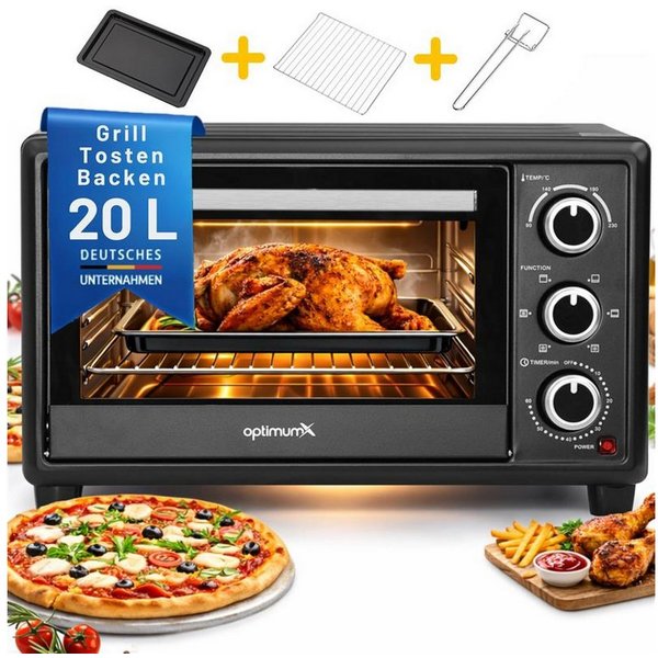 optimumX Minibackofen, 20 Liter mit Umluft, 1380W, 6 Kochfunktionen, 60 min, 90-230°C