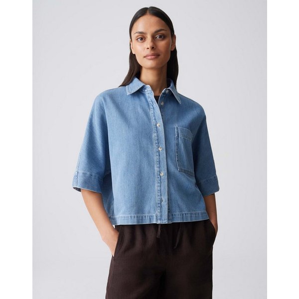 OPUS Kurzarmbluse Fyndra aus Denim mit authentischer Waschung Used Effekte setzen lässige Denim Akzente