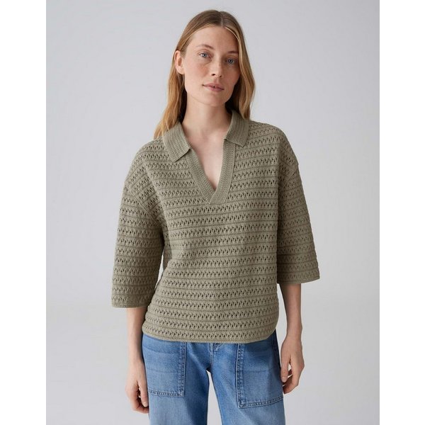 OPUS Sweatshirt Sweatshirt aus Sweatware mit Häkeloptik Lockerer Schnitt, Polokragen, verkürzte Länge
