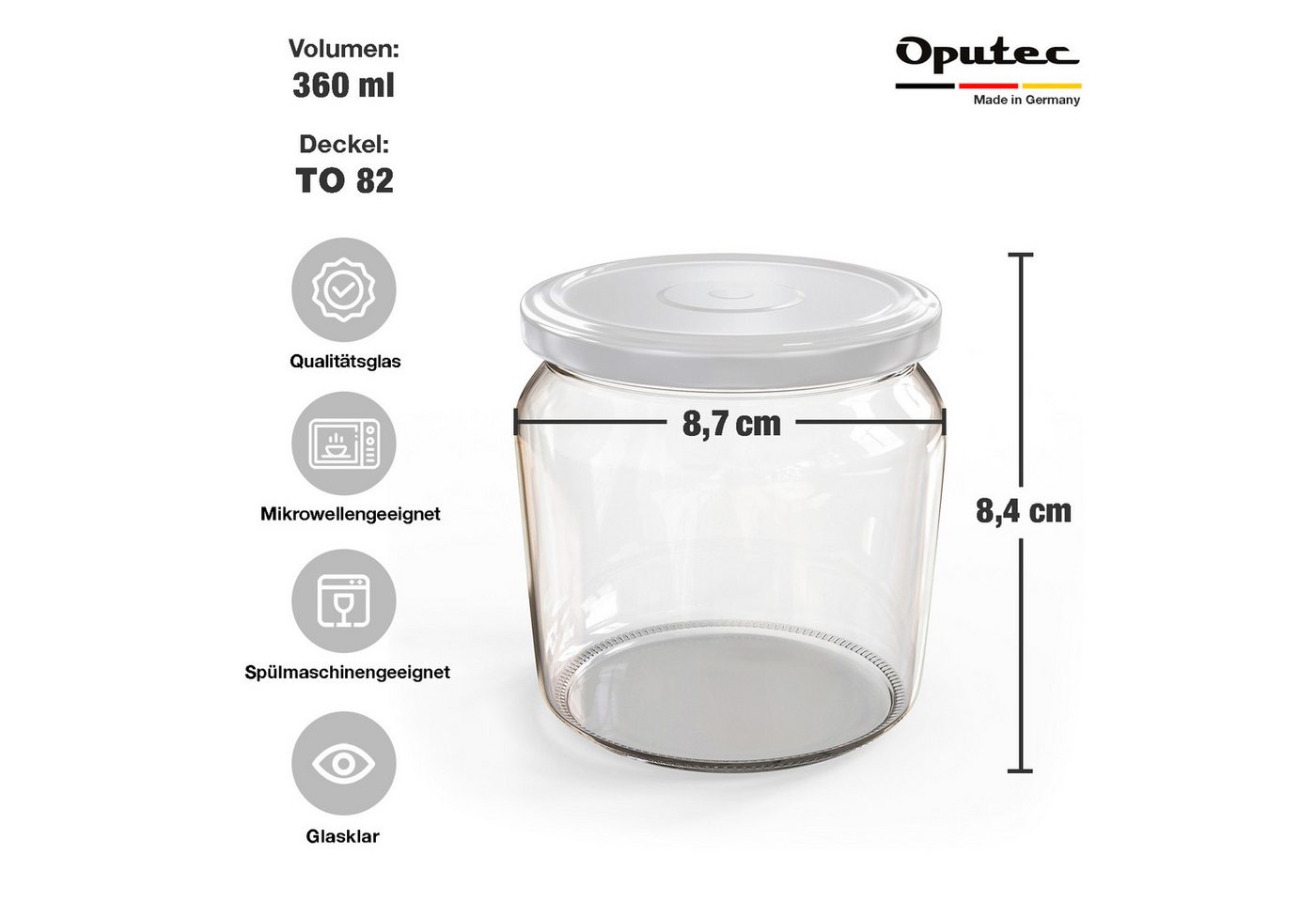 Oputec Einmachglas 12x 360ml Einmachgläser mit Schraubdeckel TO 82 Weiß Marmeladengläser – Bild 2 von 5