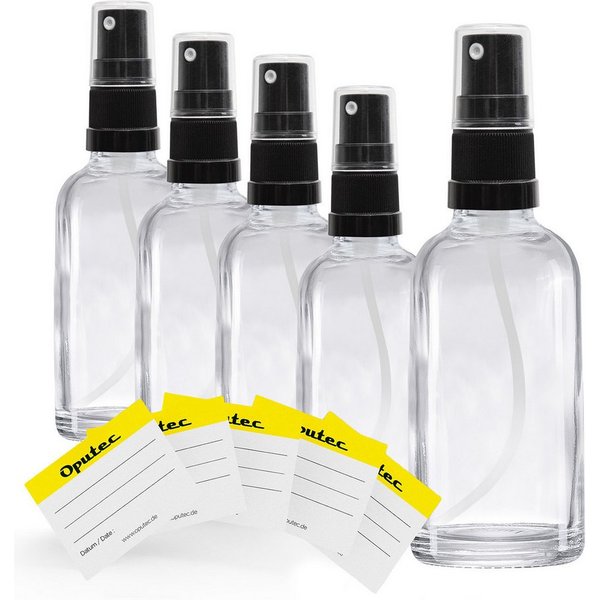 Oputec Zerstäuberflasche 5 x 30ml Klarglas-Sprühflaschen, Pumpspray mit Zerstäuber + Etiketten (Sparset, 5 x 30ml)