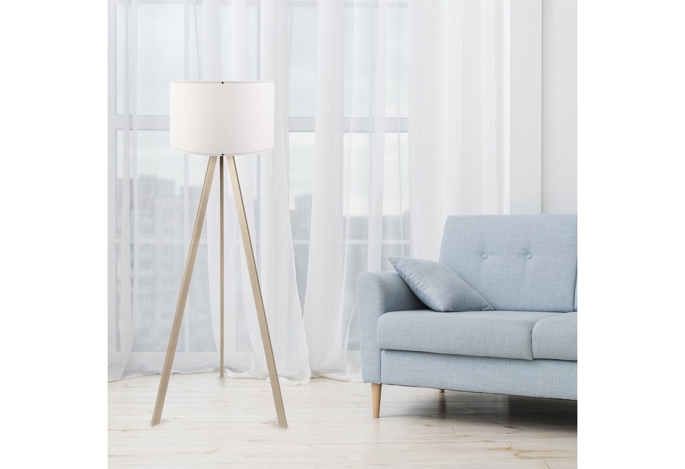 Opviq Stehlampe 38 x 140 cm, Stehlampe, 70% MDF / 30% PVC, Leuchtmittel austauschbar, ohne Leuchtmittel, Skandinavisches Eiche-Optik Weißer Stoffschirm Kabel mi – Bild 2 von 5
