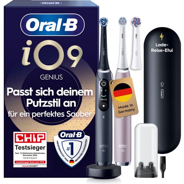 Oral-B Elektrische Zahnbürste iO 9 Duopack, Aufsteckbürsten: 3 St., mit Magnet-Technologie, 7 Putzmodi, Farbdisplay & Lade-Reiseetui
