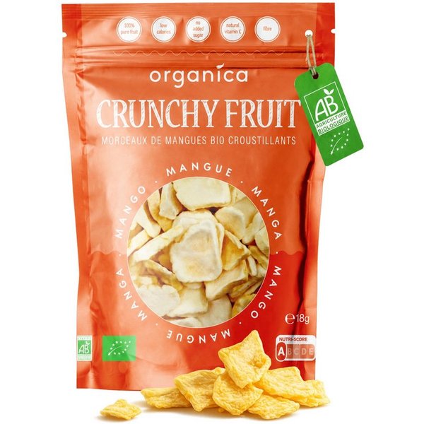Organica Trockenfrüchte Bio-Mango gefriergetrocknet knuspriger Fruchtsnack, 1 x (Single Pack(18g), Bio-zertifiziert, 100 % Frucht, Ohne Zuckerzusatz, Nutri-Scor