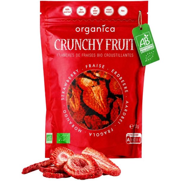 Organica Trockenfrüchte Gefriergetrocknete Bio-Erdbeeren, Erdbeerscheiben ungezuckert, 1 x (Single Pack 12g), Bio-zertifiziert, 100 % Frucht, Ohne Zuckerzusatz,