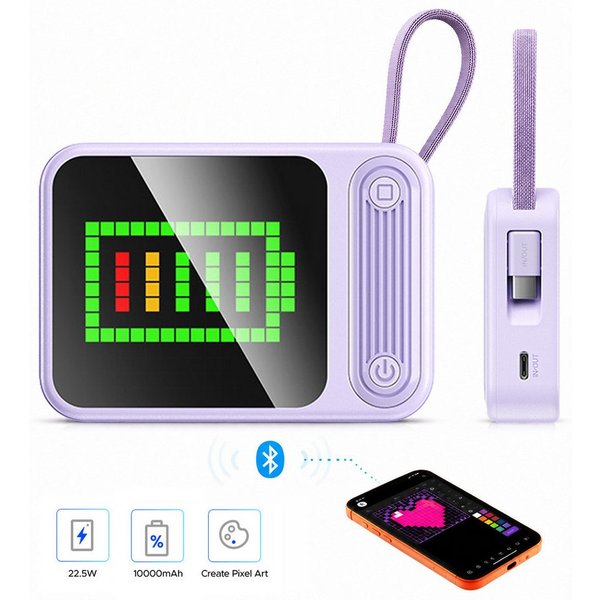 ORICO PixCharge Plus Powerbank 10000mAh mit 22,5W Schnellladung, Powerbank 256-LED Pixel Display & App-Steuerung, integriertem USB-C Kabel 10000 mAh (5V / 9V / 
