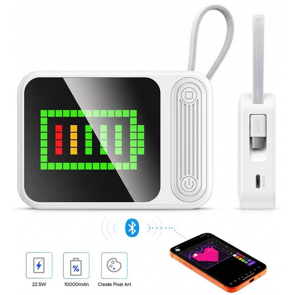ORICO PixCharge Plus Powerbank 10000mAh mit 22,5W Schnellladung, Powerbank 256-LED Pixel Display & App-Steuerung, integriertem USB-C Kabel 10000 mAh (5V / 9V / 