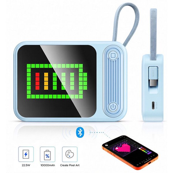 ORICO PixCharge Plus Powerbank 10000mAh mit 22,5W Schnellladung, Powerbank 256-LED Pixel Display & App-Steuerung, integriertem USB-C Kabel 10000 mAh (5V / 9V / 