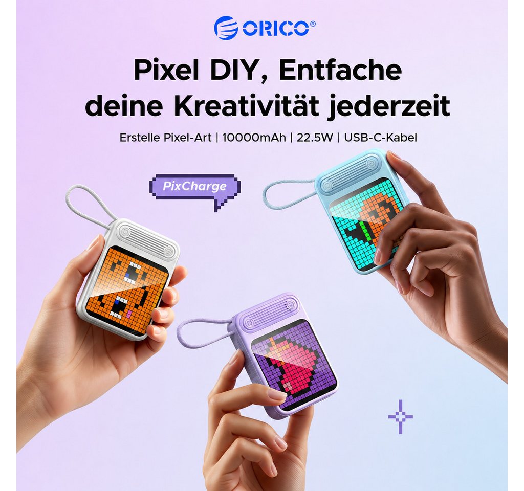 ORICO PixCharge Plus Powerbank 10000mAh mit 22,5W Schnellladung, Powerbank 256-LED Pixel Display & App-Steuerung, integriertem USB-C Kabel 10000 mAh (5V / 9V /  – Bild 2 von 5