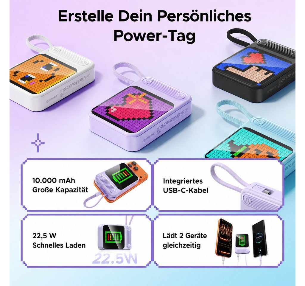 ORICO PixCharge Plus Powerbank 10000mAh mit 22,5W Schnellladung, Powerbank 256-LED Pixel Display & App-Steuerung, integriertem USB-C Kabel 10000 mAh (5V / 9V /  – Bild 3 von 5