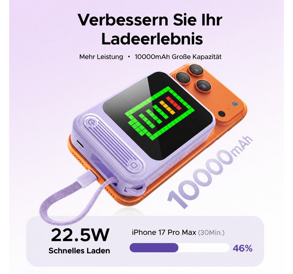ORICO PixCharge Plus Powerbank 10000mAh mit 22,5W Schnellladung, Powerbank 256-LED Pixel Display & App-Steuerung, integriertem USB-C Kabel 10000 mAh (5V / 9V /  – Bild 4 von 5