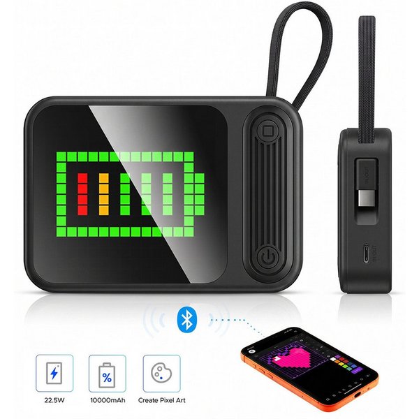 ORICO PixCharge Plus Powerbank 10000mAh mit 22,5W Schnellladung, Powerbank 256-LED Pixel Display & App-Steuerung, integriertem USB-C Kabel 10000 mAh (5V / 9V / 