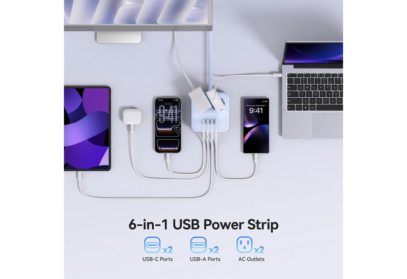 ORICO Steckdose 6-in-1 Mehrfachsteckdose mit USB-C PD 20W, 3 m Kabel, 1-St., 2 Steckdosen & 4 USB (2× USB-C), Kompakt-Powercube für Büro & Zuhause – Bild 2 von 5