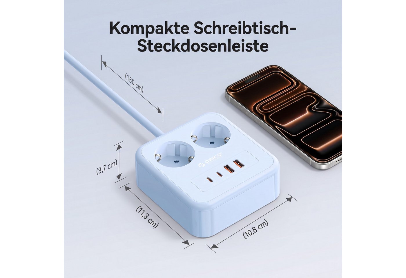 ORICO Steckdose 6-in-1 Mehrfachsteckdose mit USB-C PD 20W, 3 m Kabel, 1-St., 2 Steckdosen & 4 USB (2× USB-C), Kompakt-Powercube für Büro & Zuhause – Bild 4 von 5