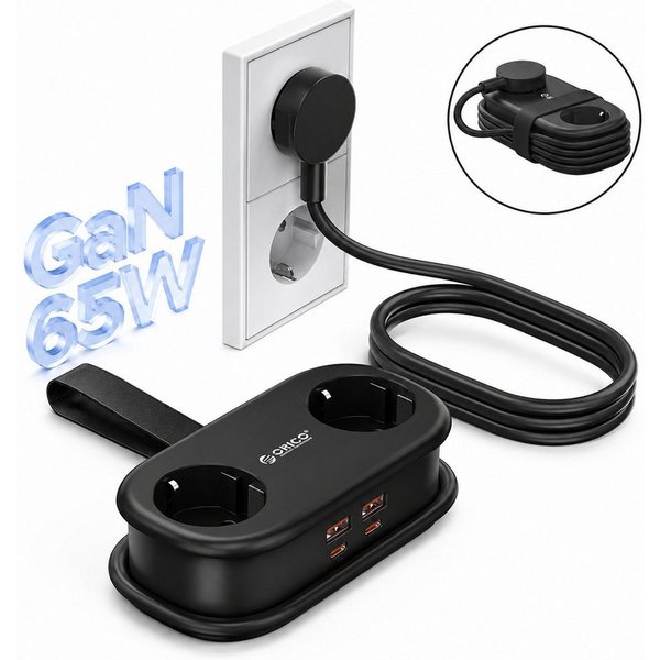 ORICO Steckdose AP3 20W Reisesteckdosenleiste mit USB-C PD, 1,5 m Kabel – kompakt für Reise & Home Office, 1-St., 2 Steckdosen & 4USB-Anschlüssen, kompakter Meh