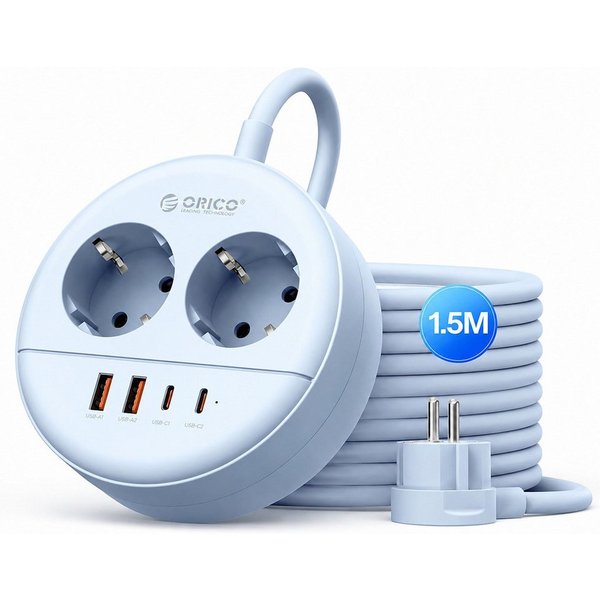 ORICO Steckdose Runde Steckdosenleiste mit USB-C PD 20W, 2 Steckdosen & 4 USB (2× USB-C), 1-St., 1,5 m Kabel, Wandmontage & Sicherheitsverschluss, 2500W für Bür