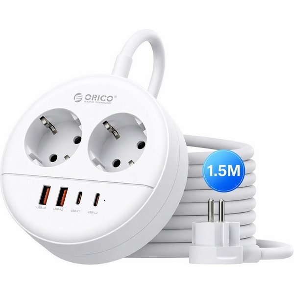 ORICO Steckdose Runde Steckdosenleiste mit USB-C PD 20W, 2 Steckdosen & 4 USB (2× USB-C), 1-St., 1,5 m Kabel, Wandmontage & Sicherheitsverschluss, 2500W für Bür