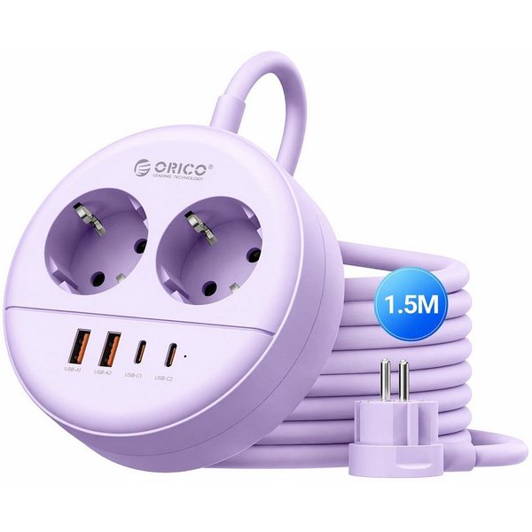 ORICO Steckdose Runde Steckdosenleiste mit USB-C PD 20W, 2 Steckdosen & 4 USB (2× USB-C), 1-St., 1,5 m Kabel, Wandmontage & Sicherheitsverschluss, 2500W für Bür