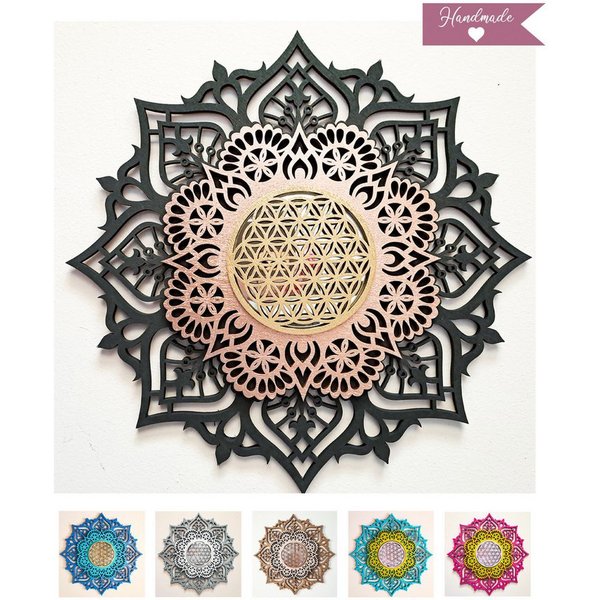 ORNAMENTI Wanddekoobjekt 3D MANDALA, Grosse moderne boho Wanddeko, Holz, 3 Schichten, Spiegel (moderne Deko Anhanger, Yoga Wandsculptur, Holzbild, stilvolle Wan