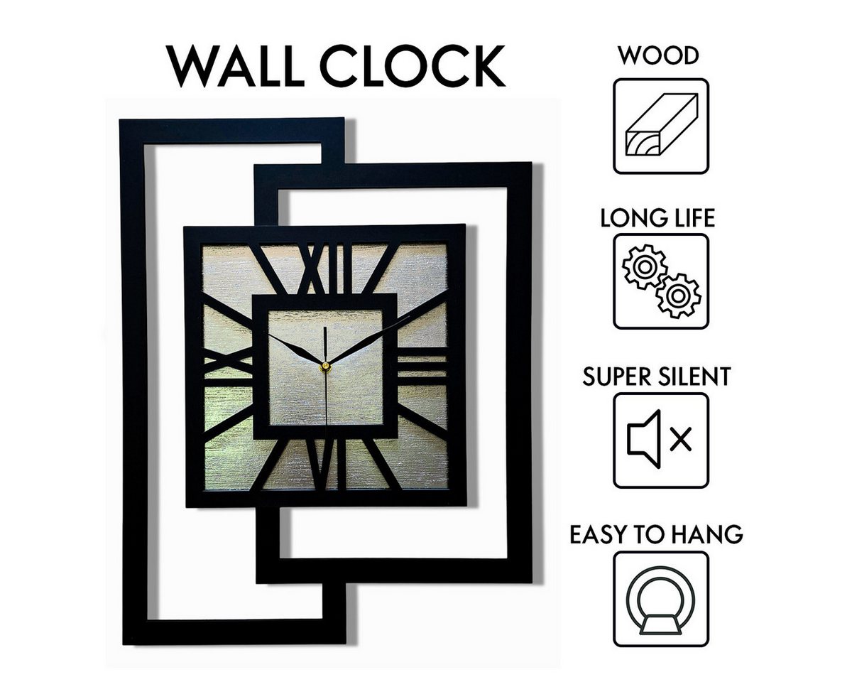 ORNAMENTI Wanduhr Grosse, moderne, geometrisch, Holz, hingucker, Loft, Rechteck (römisch, römische Ziffern, ohne Ticken, Wanddeko) – Bild 3 von 5